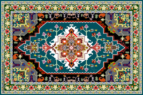Quadro su tela Luxury Floral Persian Carpet Pattern with Ornamental Medallion on Burgundy Backg