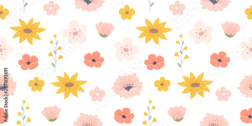 Sunflowers and roses seamless background. Beautiful floral pattern with hand drawn elements. Vector illustration in flat style
