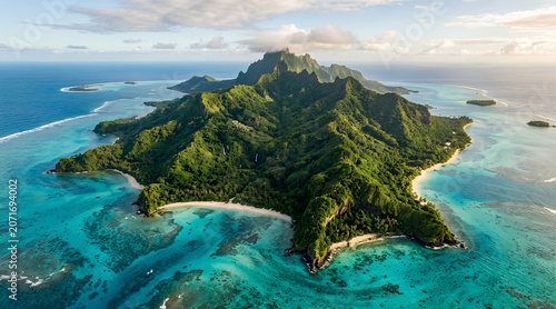Aerial view of a lush green island with turquoise waters and white sandy beaches