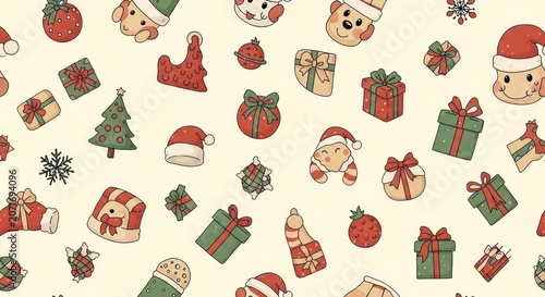 Festive christmas holiday pattern with santa hats and gift boxes for celebration