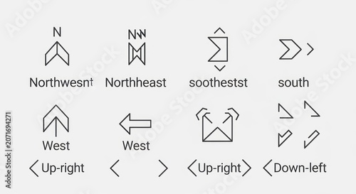 Collection of directional navigation symbols and arrows for mapping and guidance