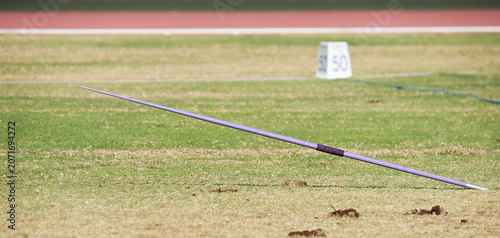 A javelin pegged into the turf, javelin speared into the ground