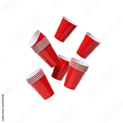 Vibrant opaque red plastic party cups, ribbed, thick rim, dynamically arranged, transparent backdrop, sharp shadows, high-key studio, party celebration concept