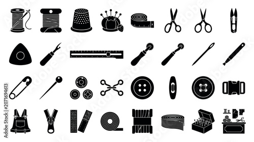 Fotografie Sewing icons display a variety of essential haberdashery items and tailoring tools used for textile manufacturing, clothing repair, and professional dressmaking projects