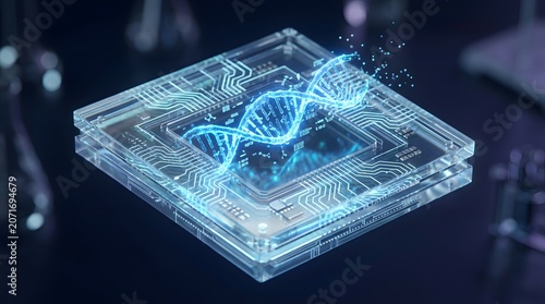 Digital DNA strand floating above a glass microchip base in a modern laboratory setting depicting the intersection of biology, medicine, and advanced computer technology.
