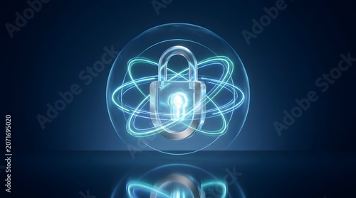 Glowing metallic padlock inside a transparent digital sphere with atomic orbits symbolizing quantum cryptography and futuristic cybersecurity protection.