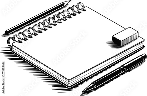 Black and white illustration of a spiral notebook with pencil pen and eraser isolated on transparent background