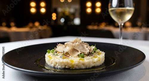 Gourmet truffle risotto dish centered on black ceramic plate, delicate white truffle shavings scattered artfully, bokeh luxury background, Michelin star fine dining presentation, professional high-end