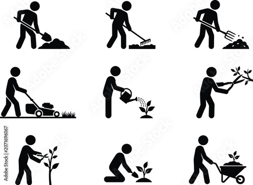 Gardening silhouettes depicting various horticultural tasks against a white background agriculture botany cultivation digging farming flora groundskeeping horticulture icon icons landscaping lawn