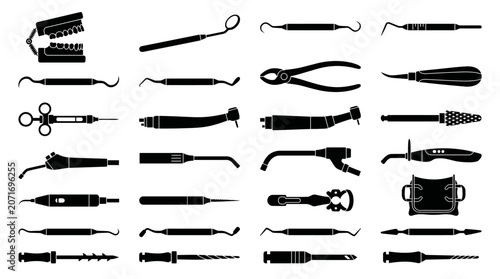 Fotografie Dental instruments represent a comprehensive set of professional medical tools used for oral examination and clinical procedures