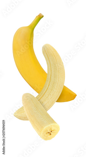 hanging, falling, soaring and flying banana fruits and peeled piece isolated on white background with clipping path