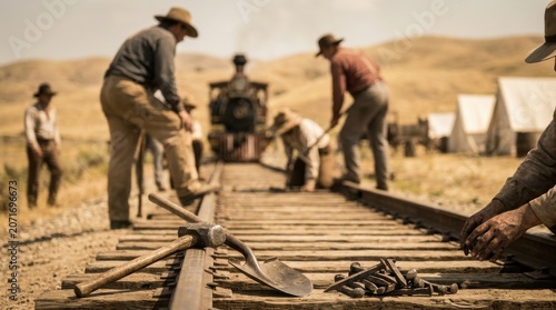 Historical reenactors engaged in building the transcontinental railroad project together