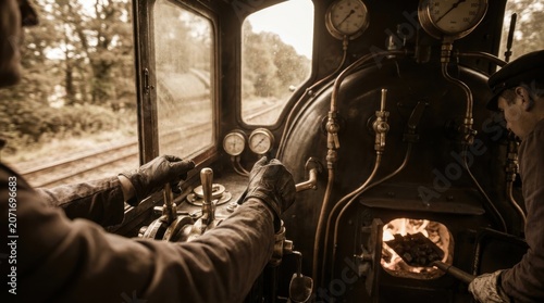 Heritage rail journey steam locomotive crew operating historic train on preserved route