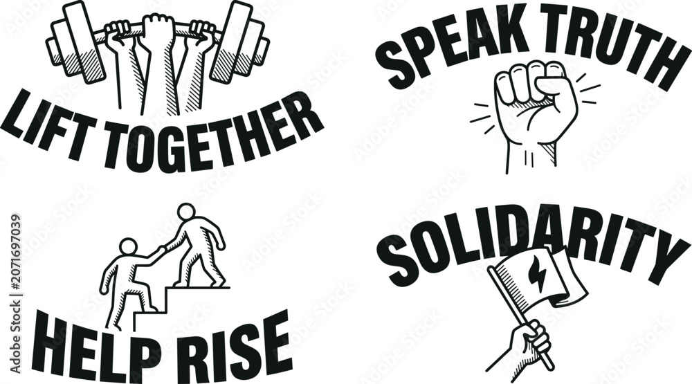 Obraz premium Set of four activism and social movement featuring weightlifting, raised fists, helping hands, and flags with inspirational text labels