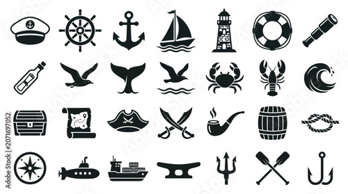 Foto Maritime icons feature a curated selection of nautical artifacts and seafaring equipment rendered in a classic silhouette style