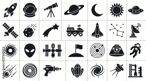 Konstfotografi Space icons present a detailed set of celestial bodies, astronomical instruments, and futuristic exploration technology in a clean monochrome style