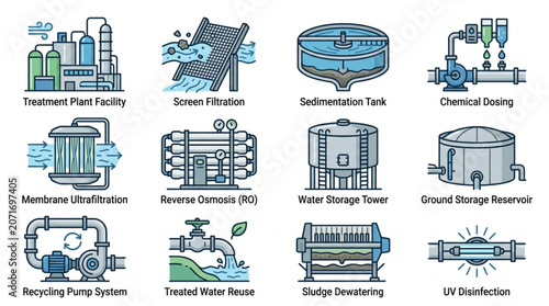 Canvas Print Water Treatment Plant Icons Set Industrial Process Equipment.