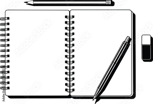 Black and white illustration of spiral notebook with pen and pencil isolated on transparent background