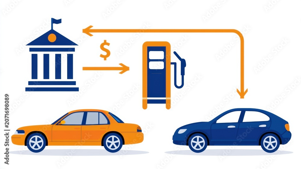 Naklejka premium Diagram illustrates the process of fuel subsidies from government buildings to fuel pumps and then to consumer cars using bold icons.