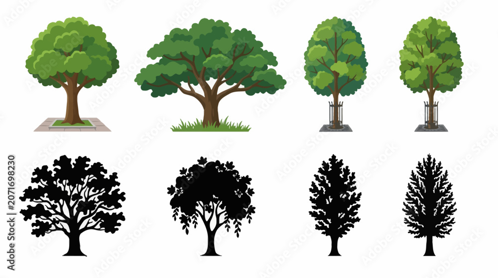 Fototapeta premium Professional vector collection featuring different park tree designs, city park tree, large shade tree, urban landscape tree, mature leafy tree, public garden tree, decorative recreation area tree