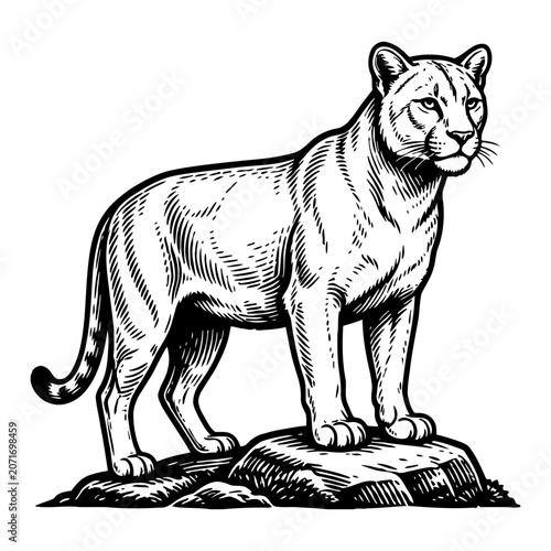 Illustration of a cougar standing regally on a rocky outcrop, detailed linework, vintage engraving style, monochrome silhouette