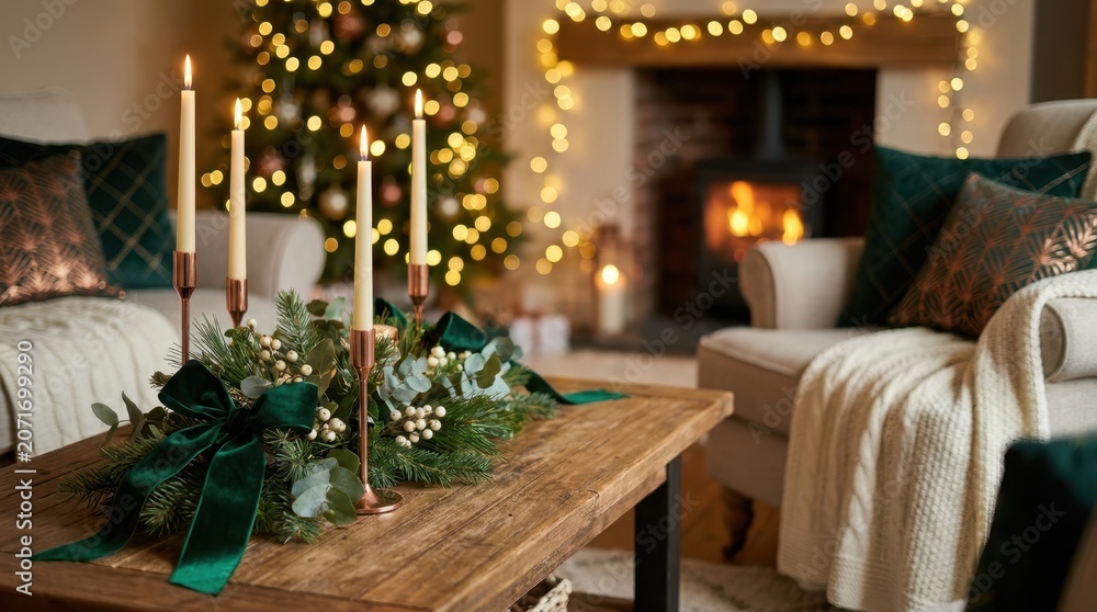 Obraz premium Elegant holiday living room decor with candles and Christmas tree lights