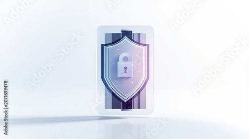 Translucent glass shield icon with glowing digital security padlock