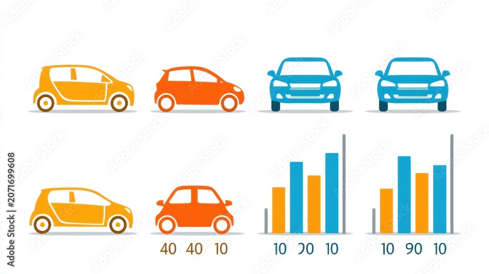 Fototapeta premium Chart presents fuel efficiency ratings for different vehicles using bar charts and colored icons on a white background for easy comparison