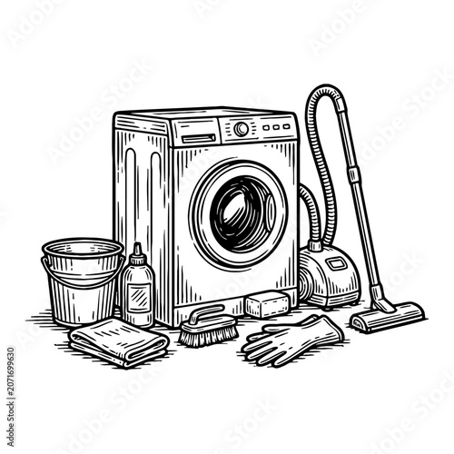 Vintage illustration of laundry and cleaning supplies, including a washing machine, vacuum cleaner, bucket, gloves, and brushes, rendered in a sketchy, hand-drawn style