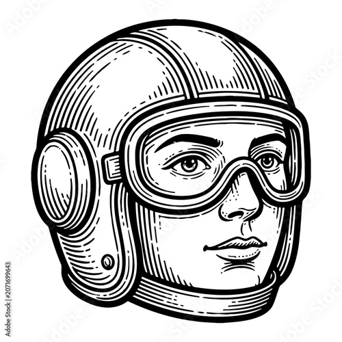 Vintage motorcycle helmet and goggles worn by person, retro aviator style, headwear illustration with hatching technique