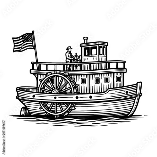 Vintage paddle wheel steamboat sailing on water, American flag waving, depicting historic river transport and travel