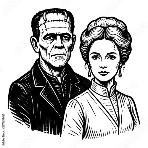 Vintage portrait of a monstrous man and a woman in Victorian attire, engraved style illustration