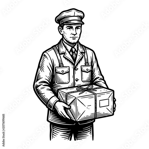 Vintage postman in uniform holding a parcel, postal delivery service, retro illustration style
