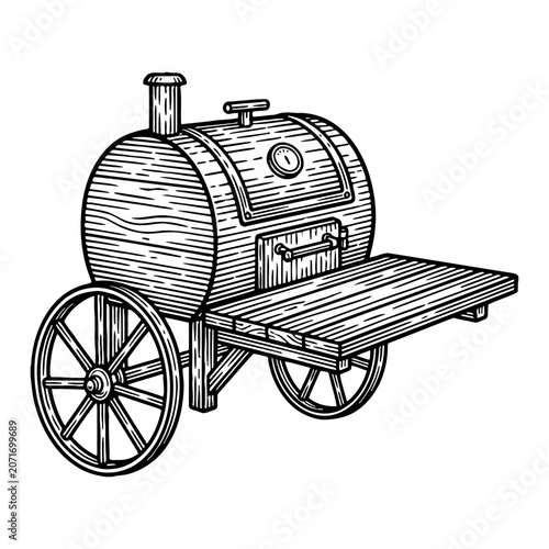 Vintage style smoker barbecue grill with wheels and side table, detailed line art illustration
