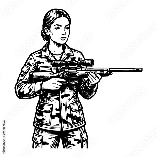 Woman in camouflage uniform holding a sniper rifle with scope, illustration of military personnel, aiming with weapon