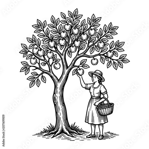 Woman picking ripe apples from a tree, seasonal harvest, rural countryside activity, detailed line drawing, natural abundance, autumn fruit gathering