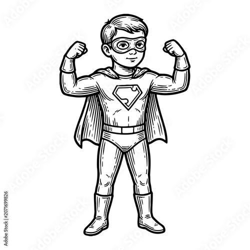 Young boy in superhero costume flexing muscles, with cape and emblem, black and white illustration