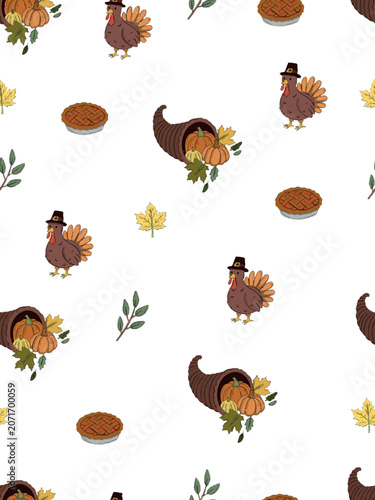 Thanksgiving Holiday Seamless Pattern with Turkeys, Pumpkin Pies, and Cornucopias