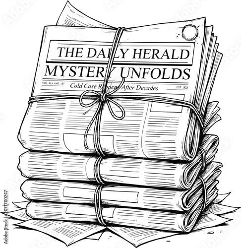 Stack of vintage newspapers tied with twine isolated on transparent background