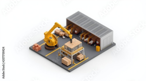 Yellow industrial robotic arm loading packages in open warehouse