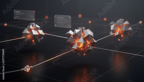 Three glowing geometric nodes connecting on a dark grid network