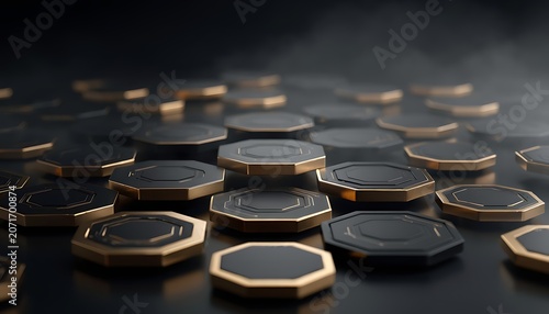 Hexagonal gold edged tiles scattered on a dark surface with smoke