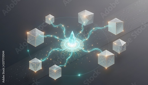 Central glowing cube connected to smaller cubes in a network