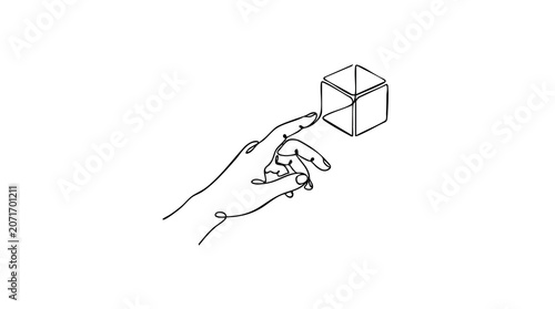 Hand Interacting with a Transparent Cube in Minimalist Line Art.