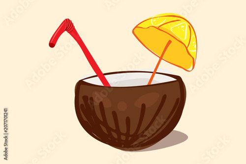 Tropical coconut cocktail drink. Whimsical hand drawn vector illustration, featuring a stylized brown coconut shell cup, a red bendy drinking straw, and a yellow citrus umbrella. 