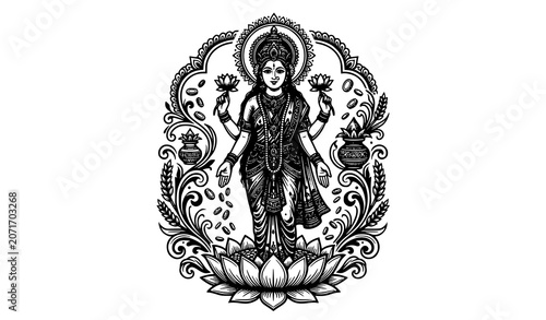 Fényképezés Goddess Lakshmi standing on lotus ornate traditional religious illustration artw