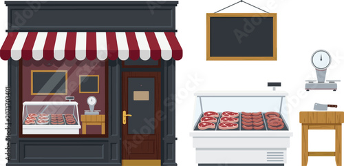 Canvastavla Butcher Shop Storefront Collection with Meat Display Counter Refrigerated Showca
