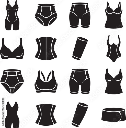 Black silhouettes of swimwear and shapewear on a white background