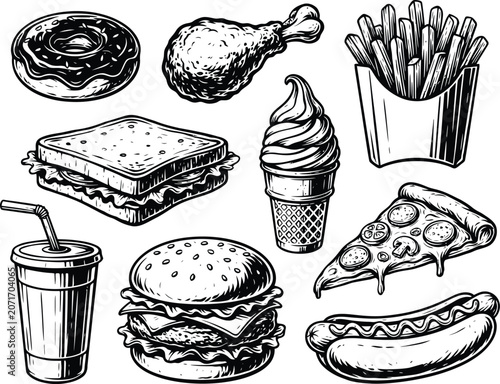 Vintage fast food collection isolated on transparent background