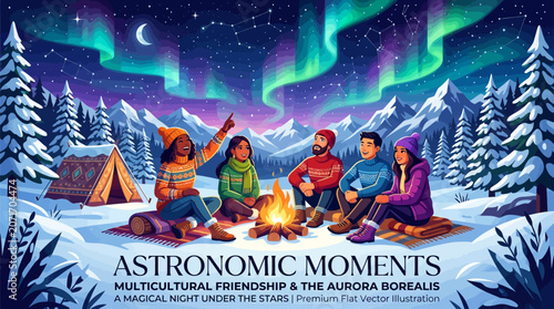 Multicultural friends sitting around campfire under aurora borealis at night